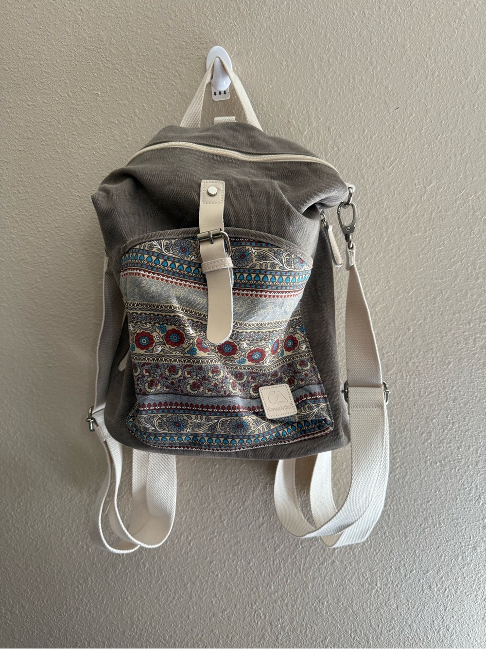 Canvas Artisan Boho Print Gray Convertible Backpack w:Cream Straps 13”HX12”W App